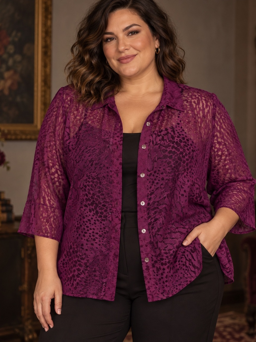 Vintage White Stag Plus Size 22/24Dark Romantic Burnout Animal Print Blouse
